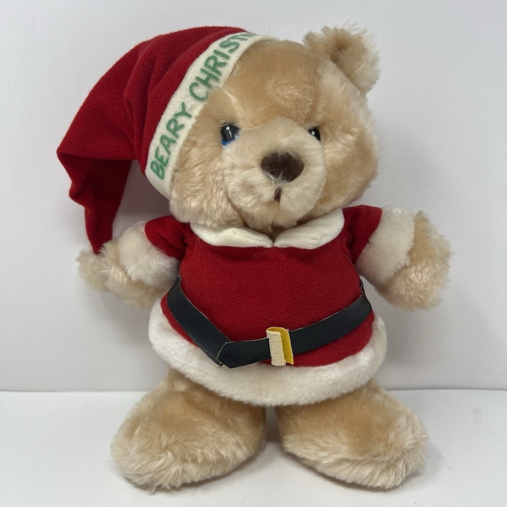 Russ Berrie Beary Christmas Santa Plush Xmas Teddy Bear 9"Stuffed Animal vtg Toy